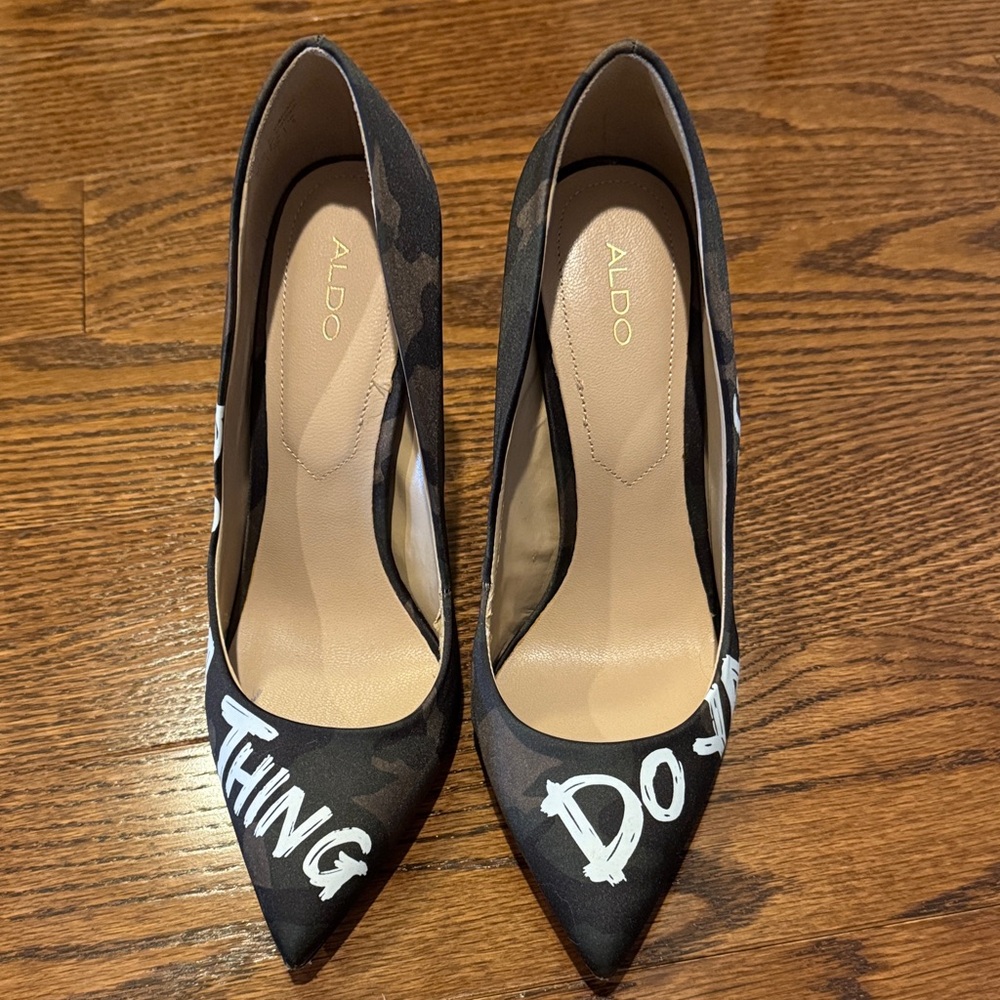 ALDO Black Camouflage Heels with Text Design
